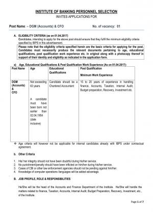 IBPS Recruitment 2017 for 01 DGM (Accounts) & CFO Posts