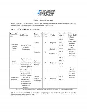 Bharat Electronics Recruitment 2017, 15 Vacancies for Junior Assistant, Eng Asst Trainee, and Nurse