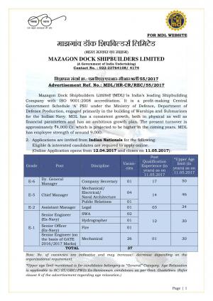 Mazgaon Dock Recruitment 2017 for 37 Senior Engineer and other Posts