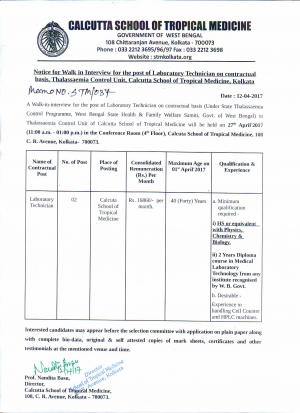 Calcutta School of Tropical Medicine Recruitment 2017 for 02 Posts of Laboratory Assistants