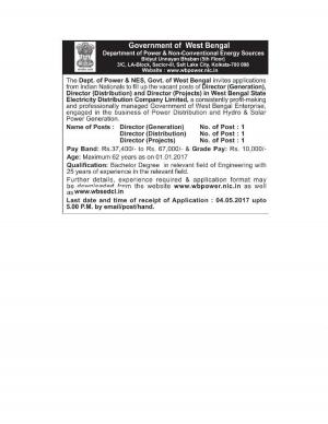 WBSEDCL Recruitment 2017,   Apply for 3 Director Posts  