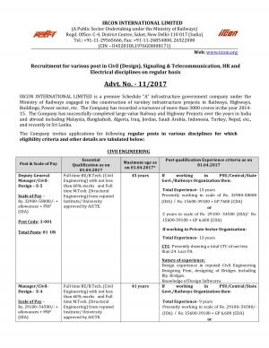 IRCON International Ltd Recruitment 2017 for 25 Posts of Junior Engineer, DGM Electrical & Others 