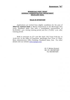 Mormugao Port Trust, Goa Recruitment 2017 for 04 Posts of Pilots on Contractual Basis 