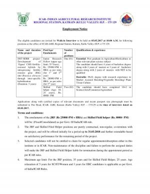 IARI, Himachal Pradesh Recruitment 2017 for 03 posts of JRF & Field Skilled Worker