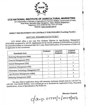 CCS NIAM Recruitment 2017, 7 Vacancies for Faculty (PGDABM) Posts