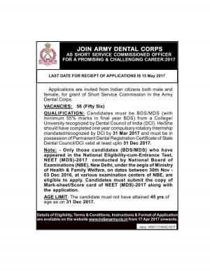 Indian Army Jobs, Apply for 56 Short Service Commission Officer Posts in Dental Corps