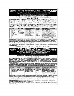 IRCON Recruitment 2017, Apply for 3 Chief Financial Officer and Company Secretary Posts