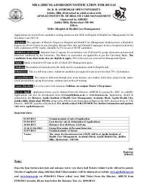 MBA (HHCM) ADMISSION NOTIFICATION FOR 2013 - 14