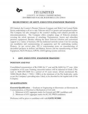 ITI limited, Raebareli Recruitment 2017 for 38 Posts of Assistant Executive Engineering Trainees