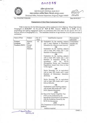 South East Central Railway hiring for 03 Trained Graduate Teacher and Other Posts
