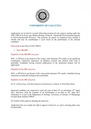 University of Calcutta Recruitment 2017 for 03 JRF /SRF Posts