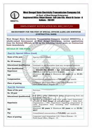 WBSETCL Recruitment 2017 for 04 Special Officer & Other Posts