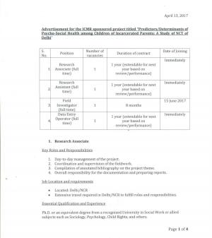 ICMR Project Recruitment 2017 for 04 Posts of Research Associates, Research Assistants & Others