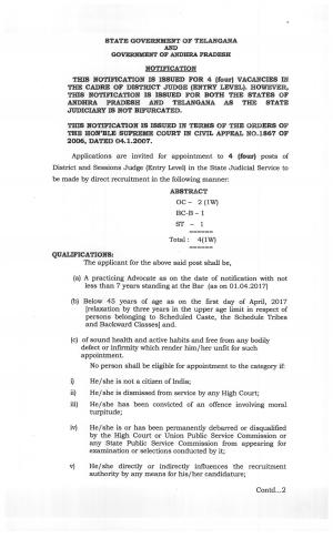 State Govt. of Telangana and Govt. of AP Recruitment 2017 for 04 District and Sessions Judge Posts