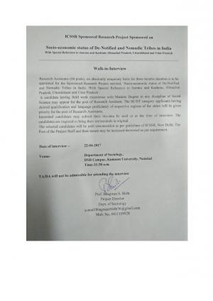 Kumaun University Recruitment 2017 for 04 Research Associate Posts