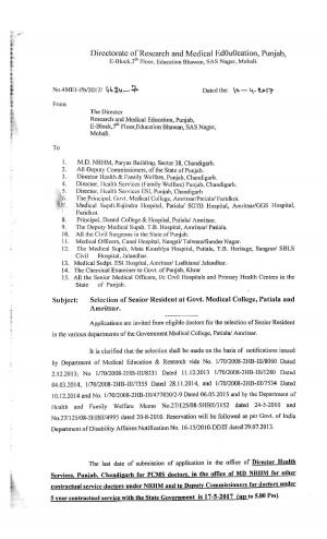 Directorate of Research & Medical Education, Punjab Recruitment 2017 for 194 Senior Resident Posts