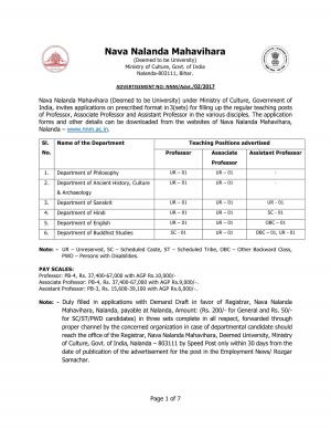 Nava Nalanda Mahavihara Recruitment 2017 for 17 Faculty Posts