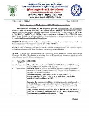 NIHSAD Recruitment 2017 for 06 Project Assistants, Junior Research Fellows (JRF) & Other Posts