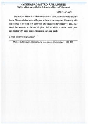 HMRL Recruitment 2017 for 01 Law Assistant Post