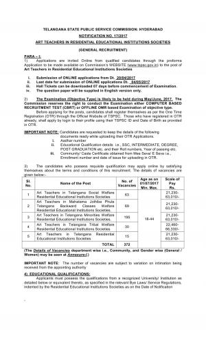 TSPSC, Hyderabad Recruitment 2017 for 372 Art Teachers in Residential Educational Institutions
