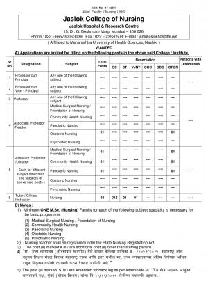 Jaslok College of Nursing, Mumbai Recruitment 2017 for 07 Associate Professor/ Reader and Other Posts