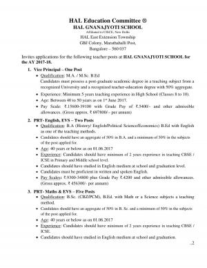 HAL Education Committee Notification 2017 for 17 Teacher Posts