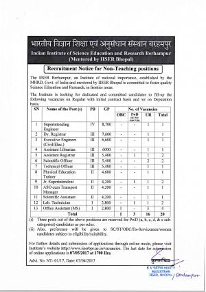 IISER Berhampur Recruitment 2017 for 20 Non-Teaching Staff Posts