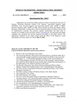 Assam Agricultural University Recruitment 2017 for 38 Asst Professor and other Posts  