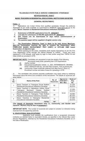 TSPSC Recruitment 2017, Apply for 197 Music Teacher Posts