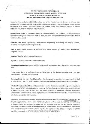 CABS DRDO Recruitment 2017 for 5 Junior Research Fellow (JRF) Posts  