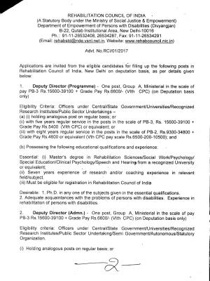 Rehabilitation Council of India Recruitment 2017 for 02 Deputy Director Posts