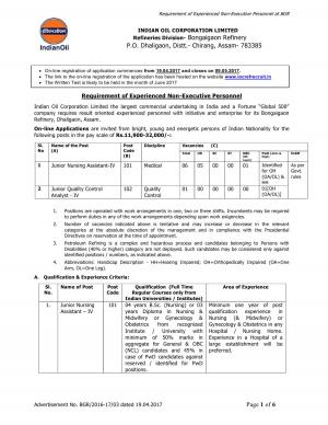 IOCL Recruitment 2017 for Junior Nursing Assistant and Other Posts