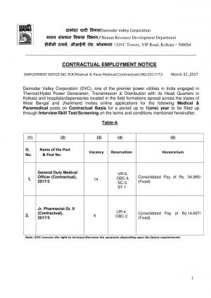 DVC Recruitment 2017 for 20 General Duty Medical Officer and Junior Pharmacist Gr-II Posts