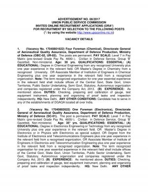 UPSC Recruitment 2017 for 17 Foreman, Technical Officer & Other Posts