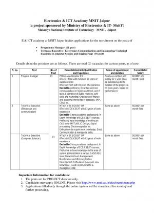 MNIT, Jaipur Recruitment 2017 for 02 Program Manager & Technical Executive Posts