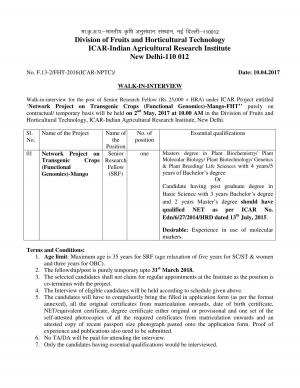 ICAR-IARI Recruitment 2017 for 02 SRF Posts
