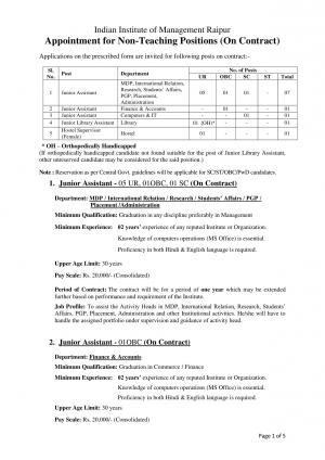 IIM, Raipur Recruitment 2017 for 11 Junior Assistant and Other Posts