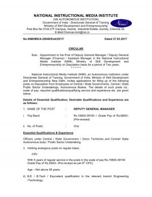 NIMI, Chennai Recruitment 2017 for 06 Deputy General Manager and Assistant Manager Posts