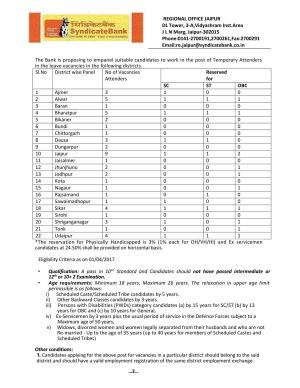 Syndicate Bank Recruitment 2017, Apply for 114 Temporary Attender/Part Time Sweeper Posts 