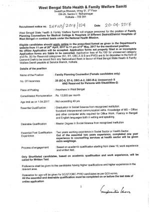 WBSHFWS Recruitment 2017, 25 Vacancies for Family Planning Counselor, for details Click 