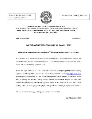 Important Notice Regarding Jee (Main) - 2013