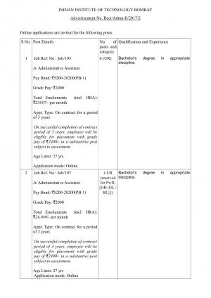 IIT Bombay Recruitment 2017 for 05 Posts of Junior Administrative Assistants 