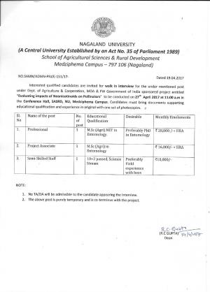 Nagaland University Recruitment 2017 for 03 Professional and Other Posts