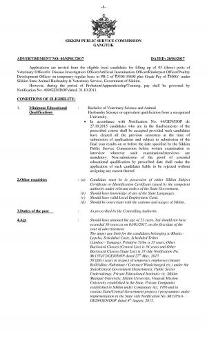 Sikkim PSC Recruitment 2017 for 03 Veterinary Officer Post