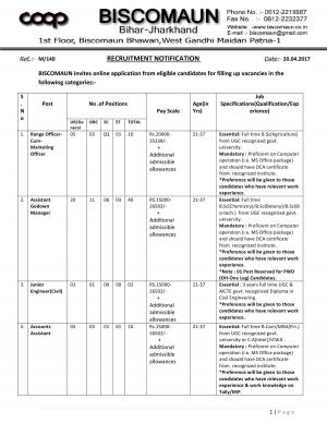 BISCOMAUN Recruitment 2017, Apply for 122 Sales Man cum MTS and Other Posts 