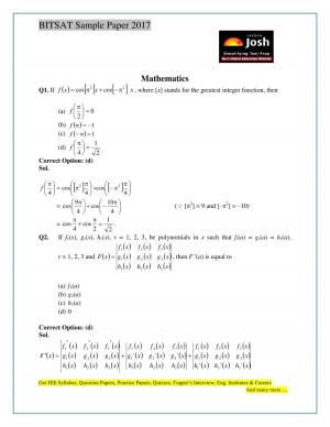 BITSAT Mathematics Solved Sample Question Paper Set-1