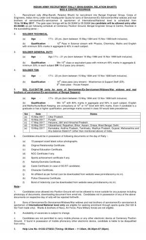 Indian Army Jobs, participate in the Army Recruitment Rally at BEG & Centre Roorkee 