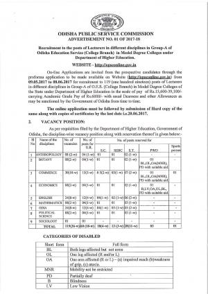 Odisha Public Service Commission (OPSC) Recruitment 2017 for 119 Group A Lecturer Posts 
