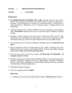 BEL Recruitment 2017 for 66 Probationary Engineer Posts 