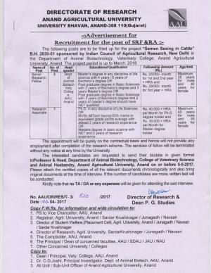 Anand Agri University Recruitment 2017, Apply for 4 Vacancies of SRF and RA Posts